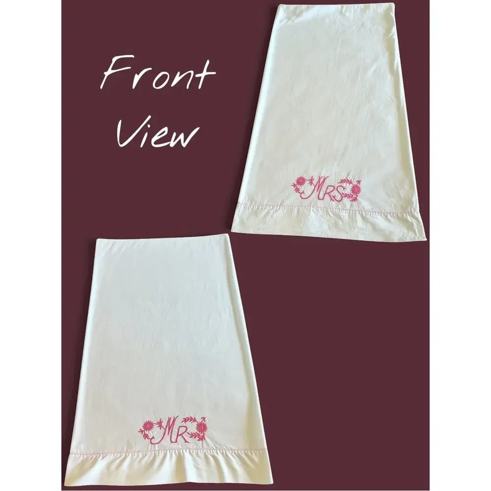 Vintage 1950s Mr Mrs Embroidered Pillowcases-Pink Floral-Wedding-Standard Pair